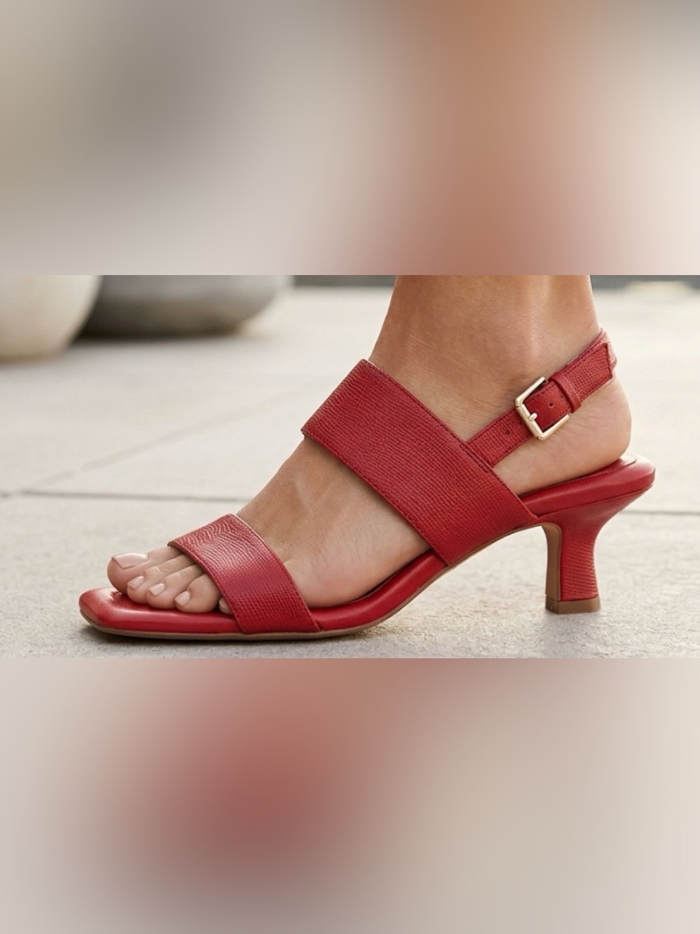 Alex Marie Red Textured Leather Slingback block kitten Heels Square Toe Sandals